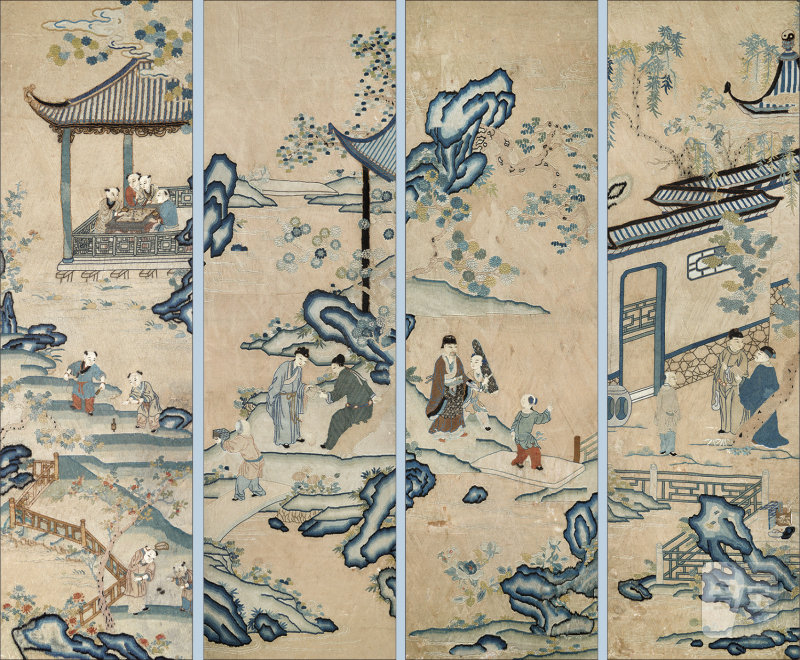 清乾隆纳纱绣庭院雅集图四条屏 - 图1